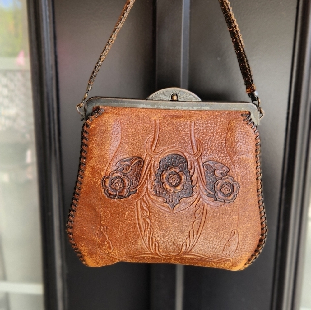Antique Tooled Leather Purse Floral Design ‎ Art Nouveau Turnlock Bag - Picture 6 of 12